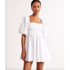 Abercrombie & Fitch White Puff Sleeve Square Neck Mini Dress XL Pockets Smocked